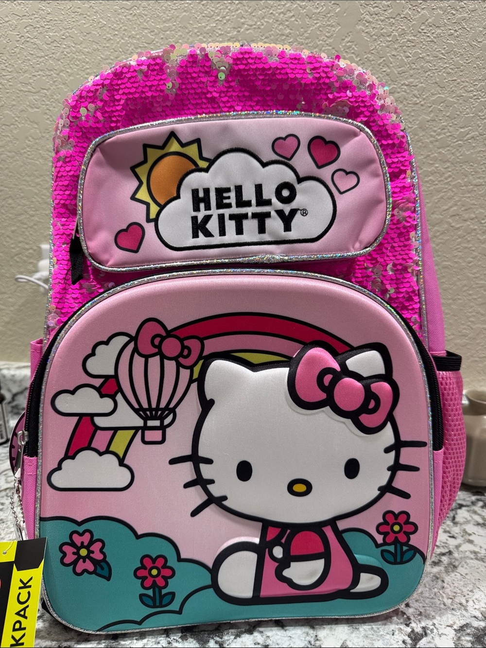 Hello Kitty Pink Sequin Kids Backpack with Rainbow Graphic